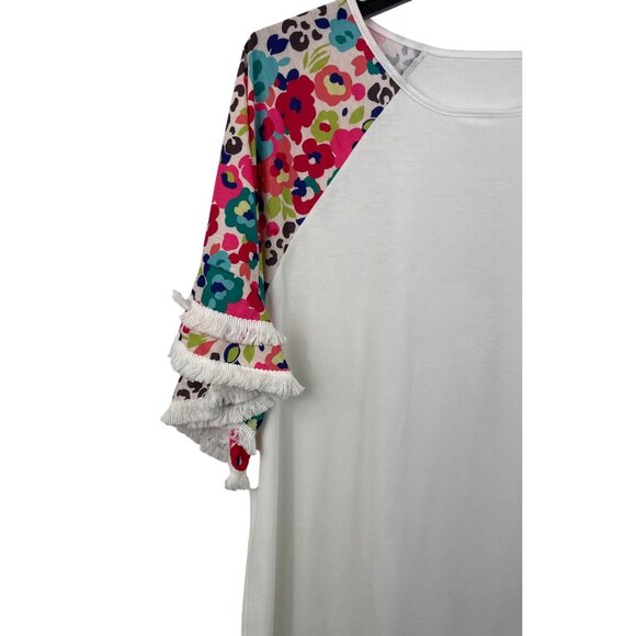 Cellabie White Multicolor Floral Fringe Half Sleeve Jersey Top Womens Size 3XL - Picture 4 of 8